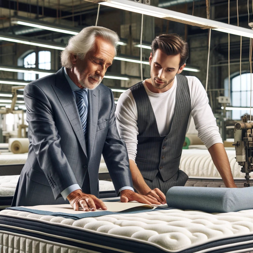 Two people collaborating on rebuilding Aireloom Mattress, focusing on quality and innovation at the factory.